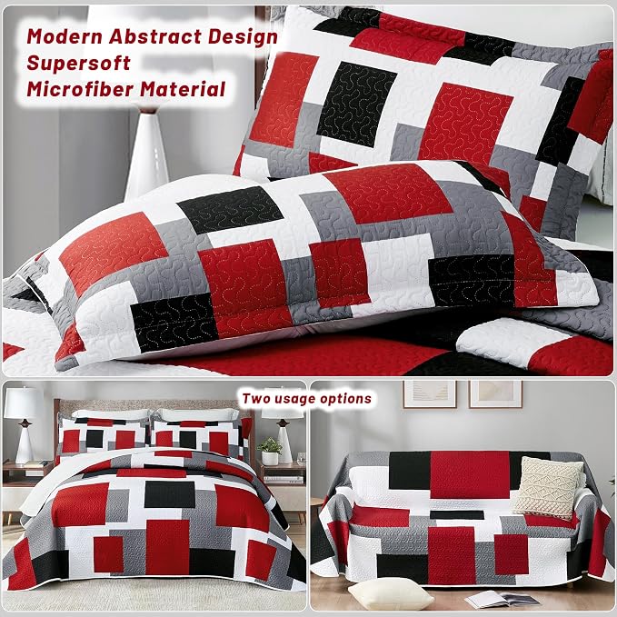 Tyrot 3 Piece Red Black Grey Quilt Set King Size Red and White Geometric - Image 3