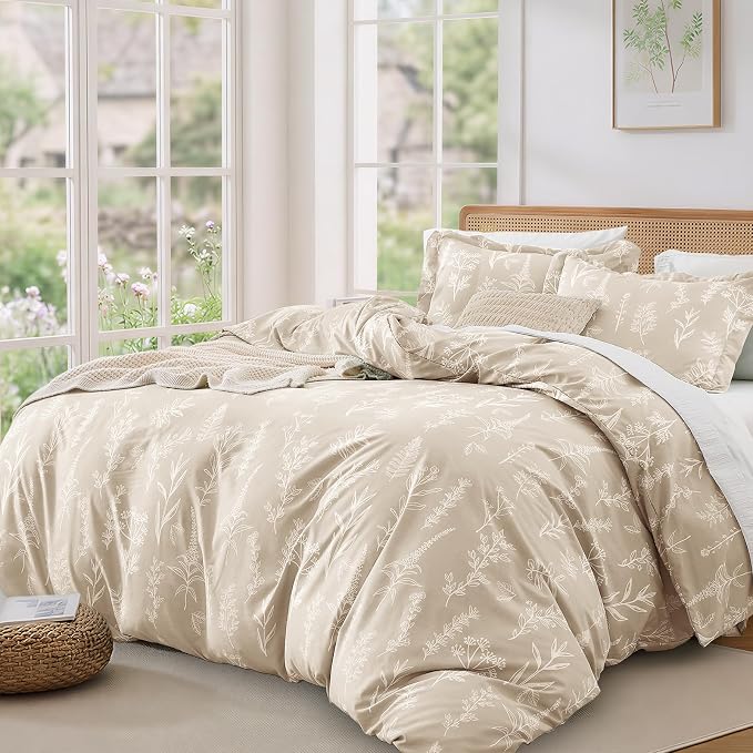 MUXHOMO Duvet Cover King Size, Reversible Floral Beige Duvet Cover Set - Image 9