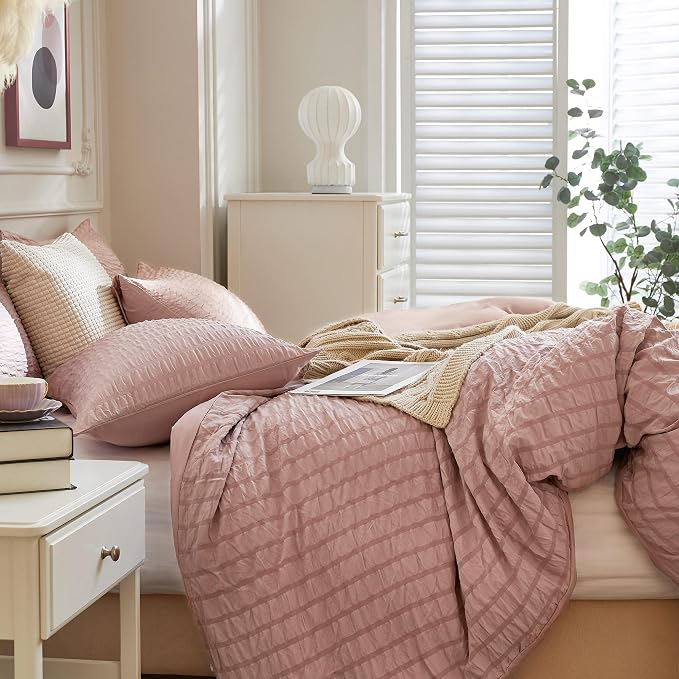 JELLYMONI Smokey Pink Duvet Cover King Size, Soft Breathable Seersucker Duvet - Image 7