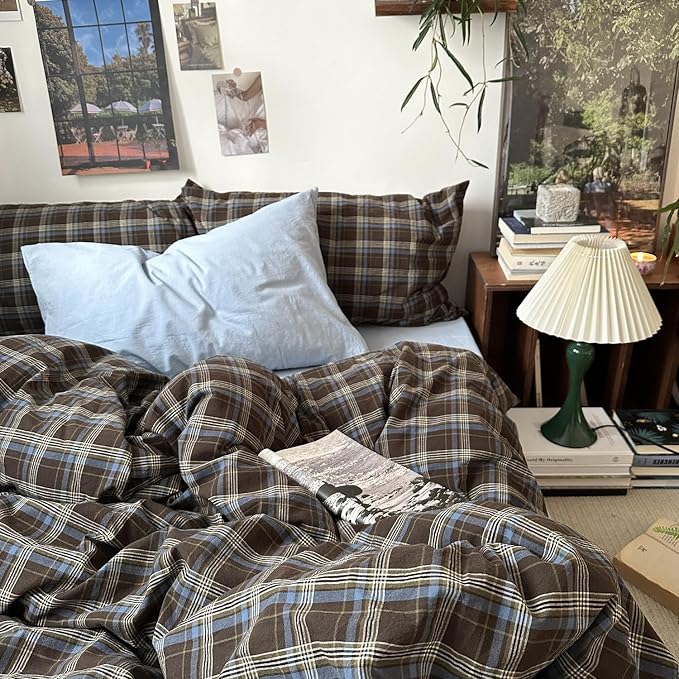mixinni Vintage Brown & Blue Buffalo Plaid Duvet Cover Set Twin XL Size - Image 8