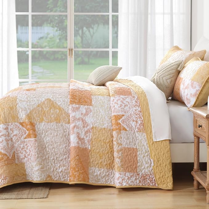 Mybedsoul Yellow Patchwork Quilt King Size, Soft Paisley Floral King Bedspreads - Image 5