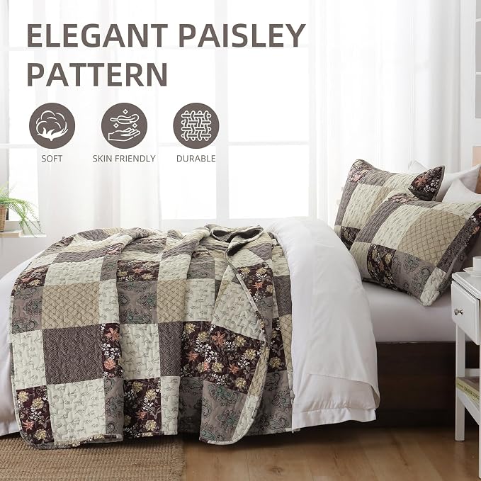 Xruibed Floral Plaid Patchwork Fall Quilt Set Queen Size 3 Pieces Taupe Beige - Image 4