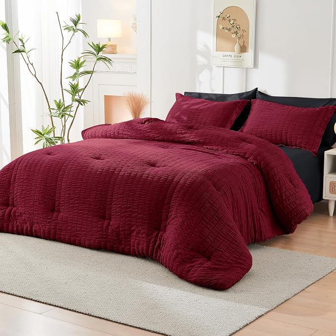 HYMOKEGE Red & Black King Size Comforter Set Seersucker 7 Pieces, All Season - Image 9