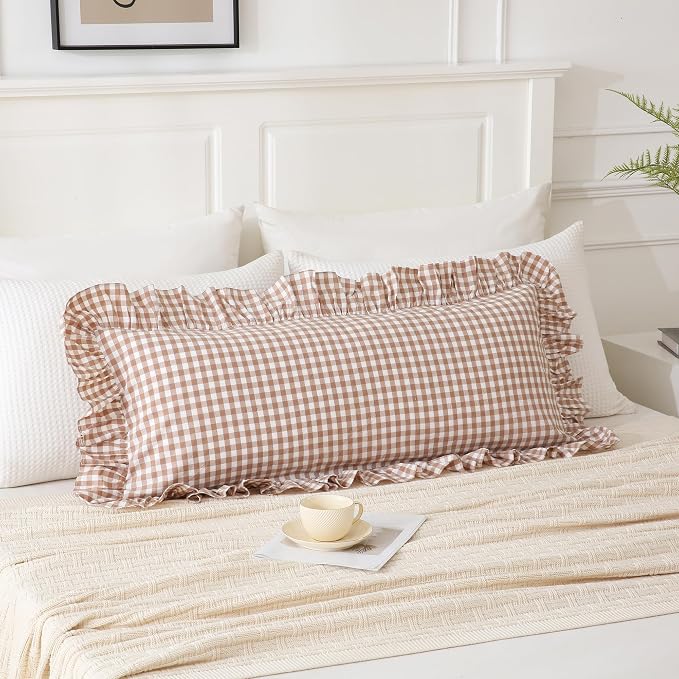 14x36 inches Taupe Plaid Ruffle Gingham Lumbar Throw Pillow Cover, Pure Cotton by Qilunn
