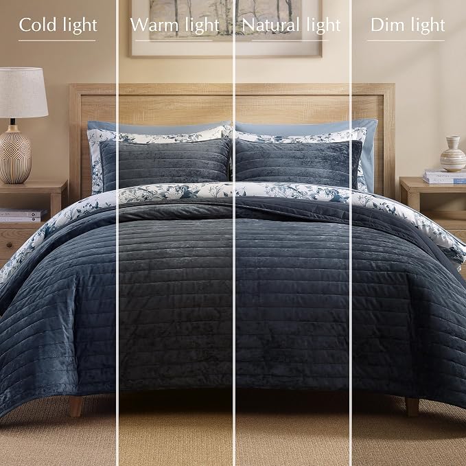 WRENSONGE Velvet King Size Quilt Set-3 Pieces Blue Grey Luxurious Velvet - Image 7