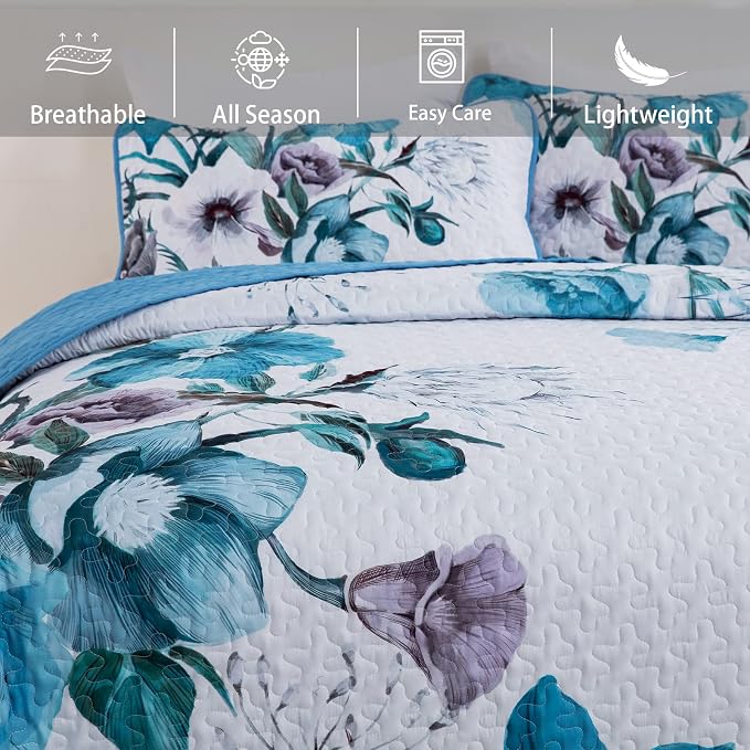 Floral Quilt Set King 3 Pieces Boho Blue Floral Quilt Coverlet Set Soft - Image 3