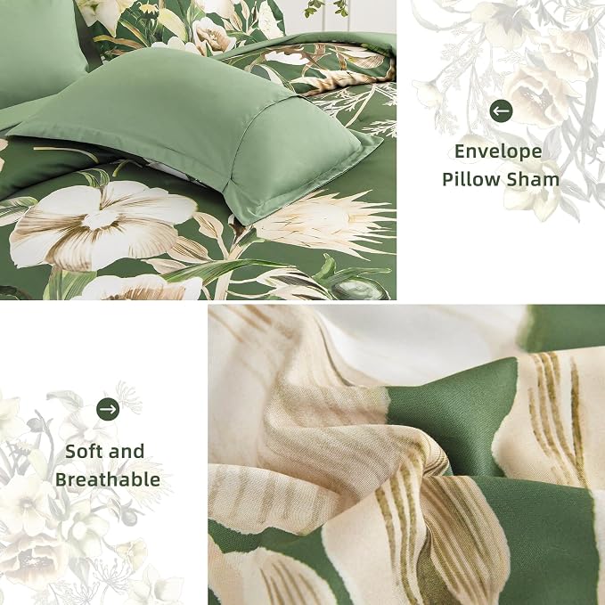 Luxudecor Floral Comforter Set Queen Size 7 Piece, Olive Green Flower Bed in a - Image 5
