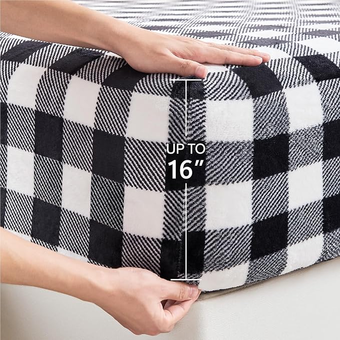 BEDELITE Fleece Sheets Queen Size Bed Set, Luxury Red and Black Plaid Winter - Image 4