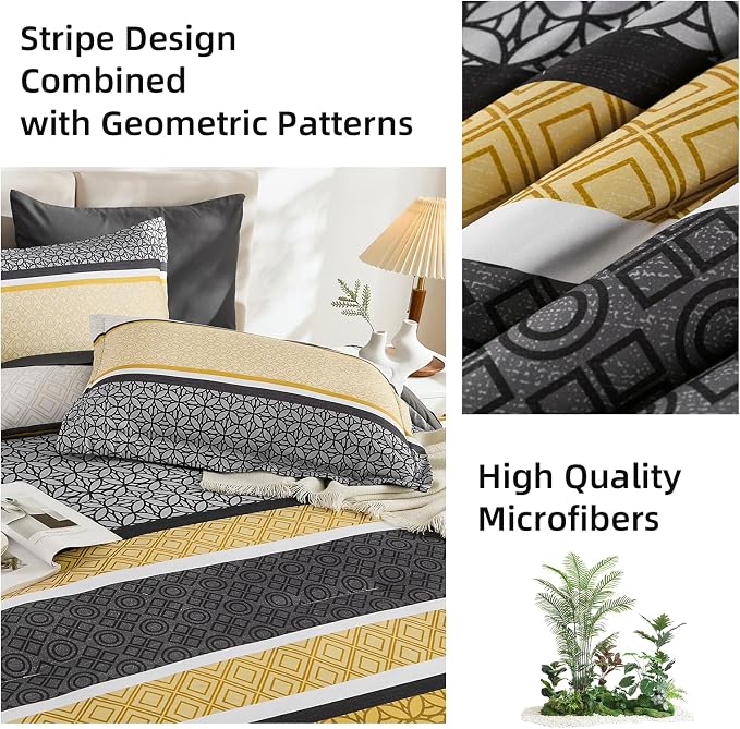 WONGS BEDDING Yellow Grey Queen Comforter Set 7 Pieces, Boho Striped Bed in a - Image 7