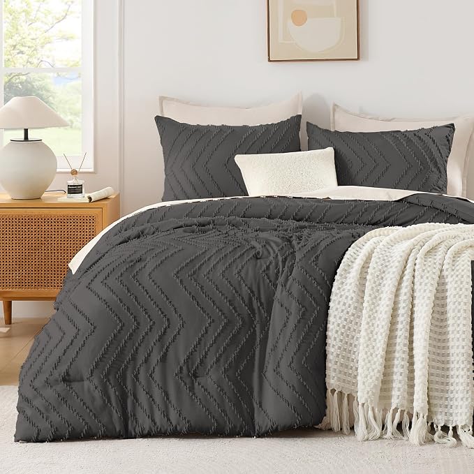 Andency Dark Grey Comforter Set Full Size, Boho Soft Warm Tufted Bedding by Andency