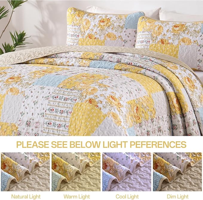 Anibedding Yellow Patchwork Quilt Set Queen Size Boho Floral Plaid Bedspread - Image 6