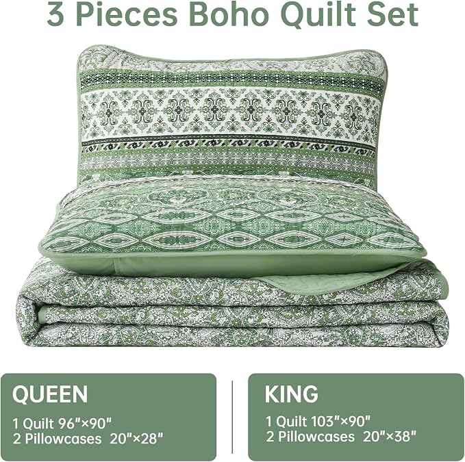 WONGS BEDDING Boho King Quilt Set, Light Green Bohemian Quilt Bedding Set - Image 7