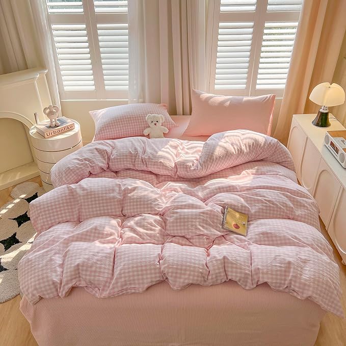 mixinni Light Pink Gingham Duvet Cover Set Queen Size - Image 8