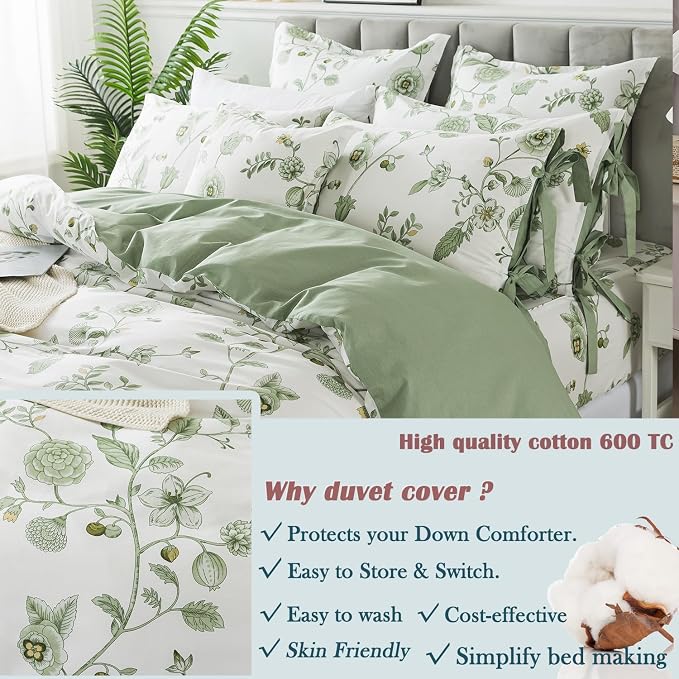 FADFAY Green Duvet Cover Set Twin Floral Bedding 100% Cotton Shabby Vintage - Image 5