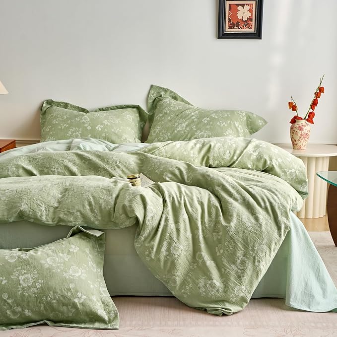 mixinni 100% Washed Cotton Cover Set, Reversible Vintage Green Floral Butterfly by mixinni