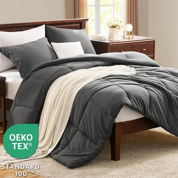 CozyLux Oversized Queen Comforter Set, 3 Pieces Dark Grey 98x98 Box Stitched - Image 3