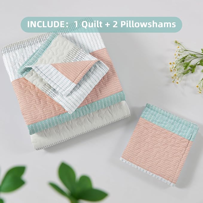 Andency Queen Quilt Bedding Set Pink Green, 3 Pieces Patchwork Summer Striped - Image 7