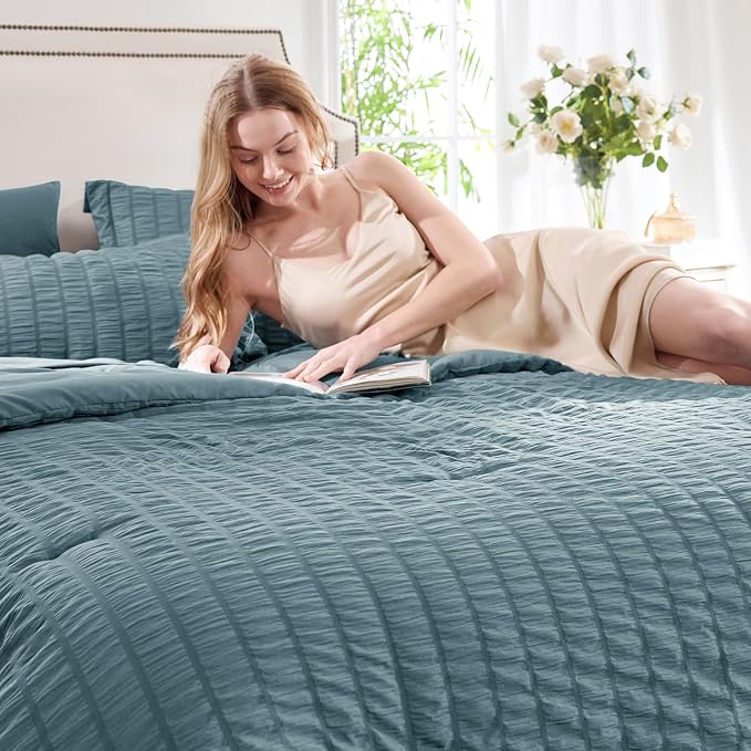 CozyLux King Size Comforter Set Mineral Blue Seersucker 7 Pieces Bed in a Bag - Image 3
