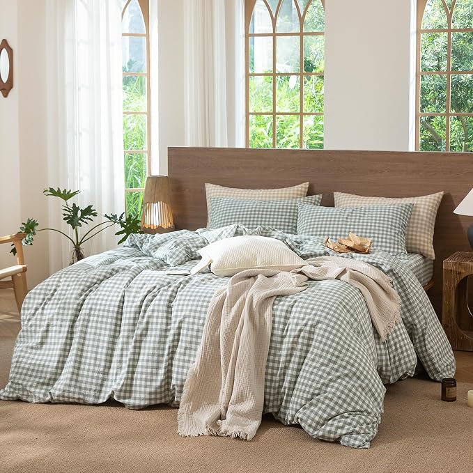 MooMee Gingham Duvet Cover Set 100% Washed Cotton Linen Like Textured - Image 8