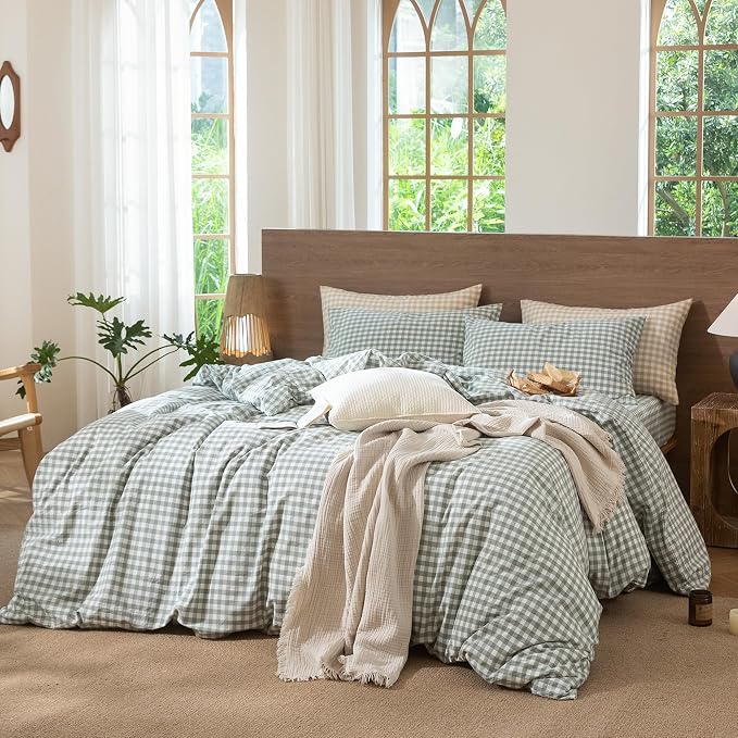 MooMee Gingham Duvet Cover Set 100% Washed Cotton Linen Like Textured - Image 9
