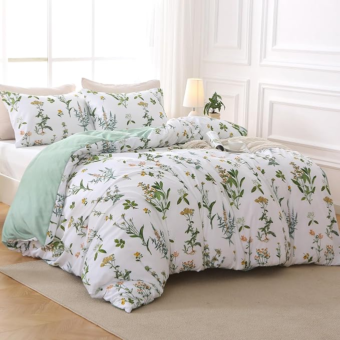 MUXHOMO Duvet Cover King Size, Reversible Floral Green Duvet Cover Set - Image 3
