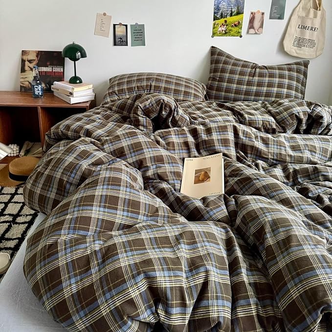 PinkMemory Brown Blue Gingham Buffalo Plaid Duvet Cover King 100% Washed Cotton - Image 4
