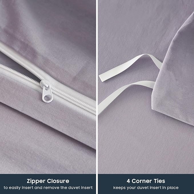 Wake In Cloud - Cotton Duvet Cover Set, Queen Size, Light Purple, 100% Washed - Image 7