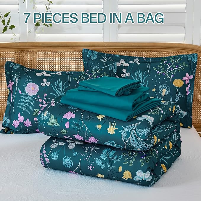 Yiran Teal Blue Comforter Set King Size, 7 Piece Floral Botanical Comforter - Image 8
