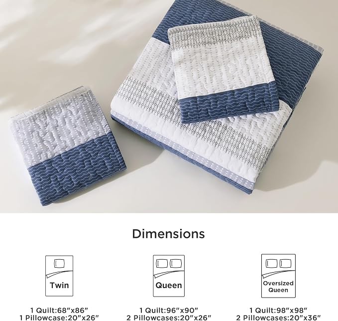 Litanika Twin Quilt Set Mineral Blue, 68x86 Stripe Bedspread Coverlet 2 Pieces - Image 6