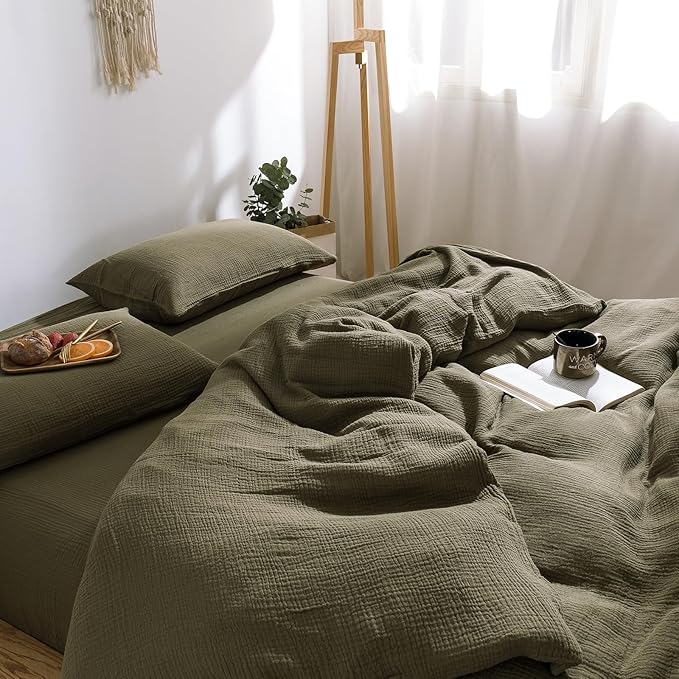 mixinni Olive Green Waffle Weave Duvet Cover Set King, 3-Piece 100% Natural by mixinni