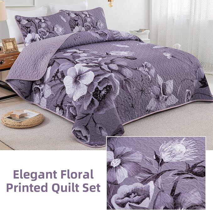 Floral Quilt Set Queen 3 Pieces Dark Purple Boho Flower Quilt Coverlet Set Soft - Image 4