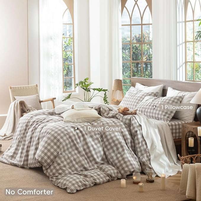 MooMee Gingham Duvet Cover Set 100% Washed Cotton Linen Like Textured - Image 2