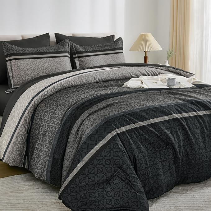 WONGS BEDDING Comforter Set Full Size, Dark Grey Striped 7 Pieces Bed in a Bag - Image 3