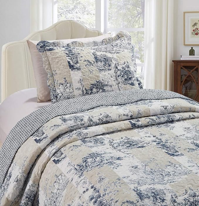 Brilliant Sunshine Blue Toile in Beige and Ivory Patches, 2-Piece Quilt Set - Image 3