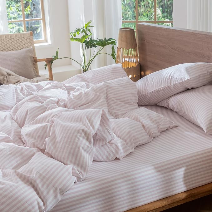 MooMee Striped Duvet Cover Set 100% Washed Cotton Linen Like Textured - Image 9