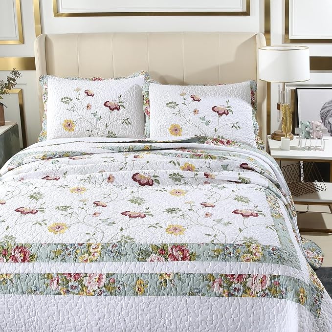 ROOMLIFE Quilt Set Queen Size 3D Floral Embroidery Pattern 3-Piece Cotton - Image 4
