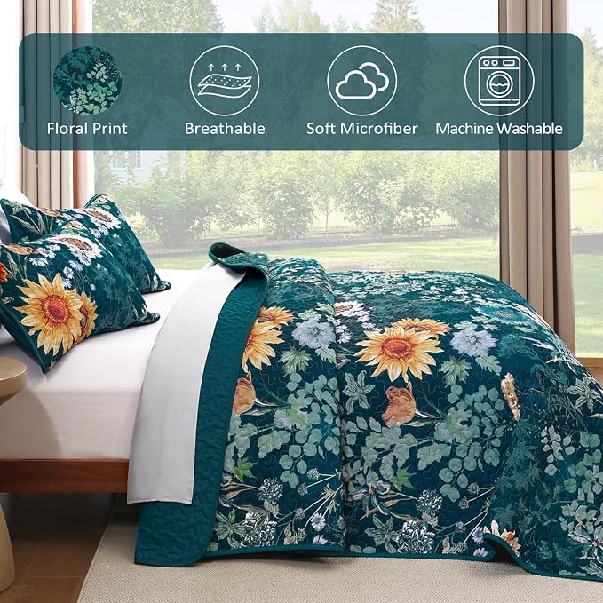 Yiran Peacock Green Quilts Queen Size, Floral Bedspreads Bedding Set, 3 Pieces - Image 6