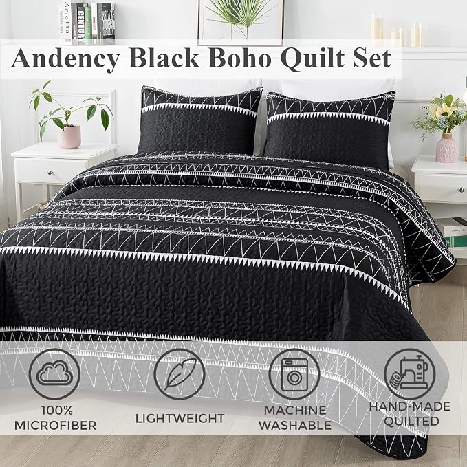 Andency Black Oversized Super King Quilt Set, 3 Pieces Boho Lightweight Soft - Image 2