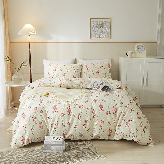 mixinni Boho Red Floral Girl Duvet Cover Set, Soft Cotton Twin Size 3-Piece by mixinni