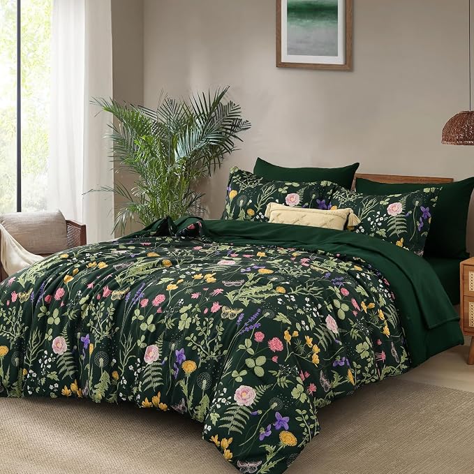 Yiran Queen Comforter Set 7 Piece, Dark Green Floral Bedding Set, Bed in a Bag - Image 2