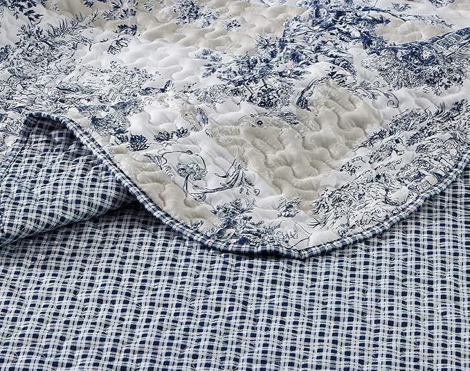 Brilliant Sunshine Blue Toile in Beige and Ivory Patches, 3-Piece Quilt Set - Image 6
