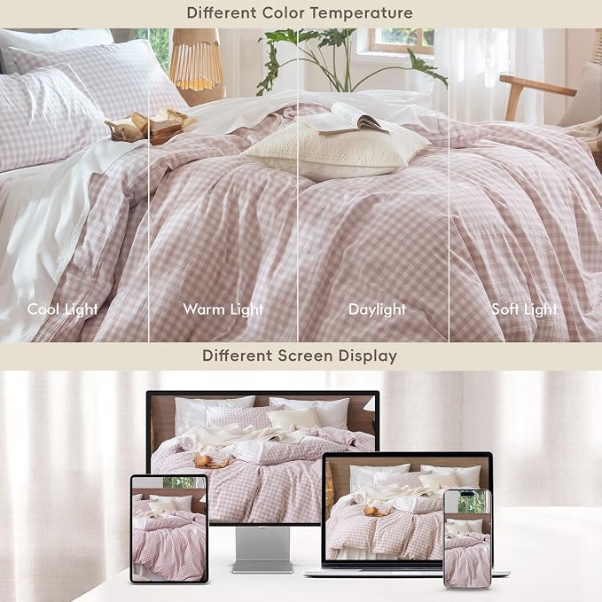 MooMee Gingham Duvet Cover Set 100% Washed Cotton Linen Like Textured - Image 7