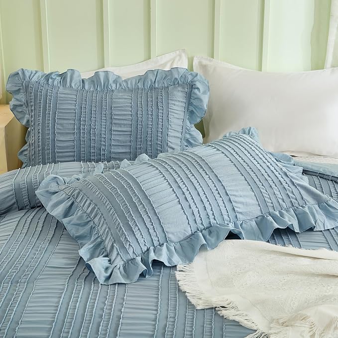 WONGS BEDDING Blue Comforter Set Queen, 3 Pieces Ruffle Farmhouse Shabby Chic - Image 5