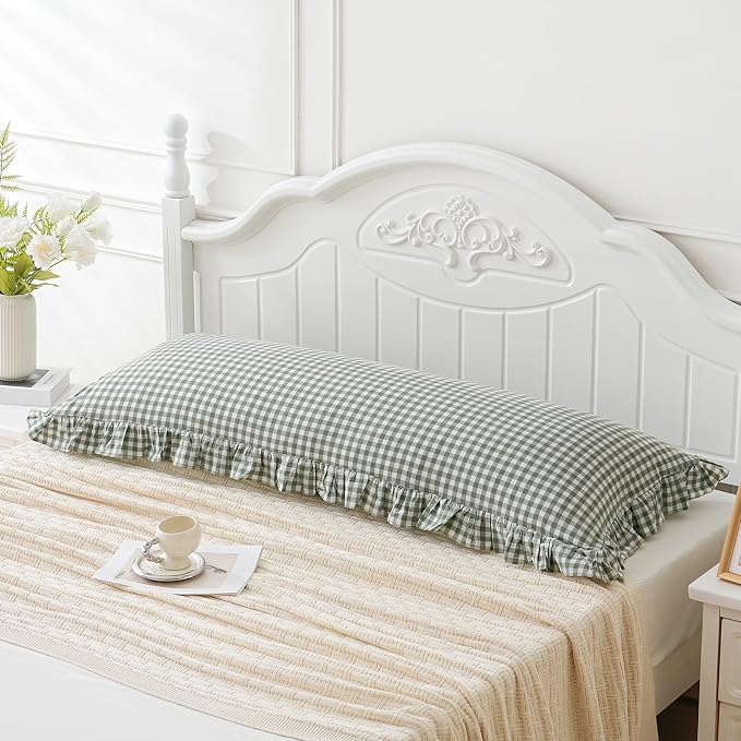 Green/White Plaid Ruffled Body Pillow Sham Washed Cotton Shabby Checkered - Image 2
