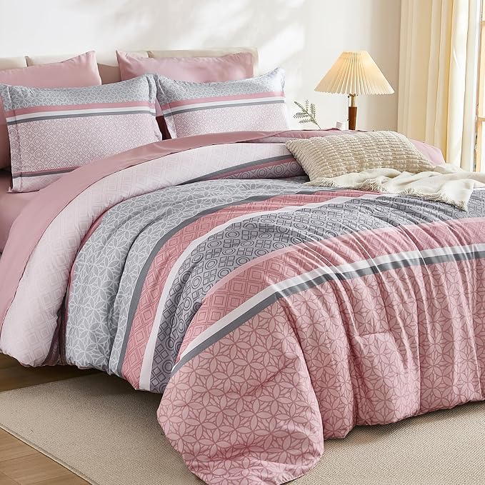 WONGS BEDDING Pink King Comforter Set 7 Pieces, Boho Striped Bed in a Bag Queen by WONGSBEDDING