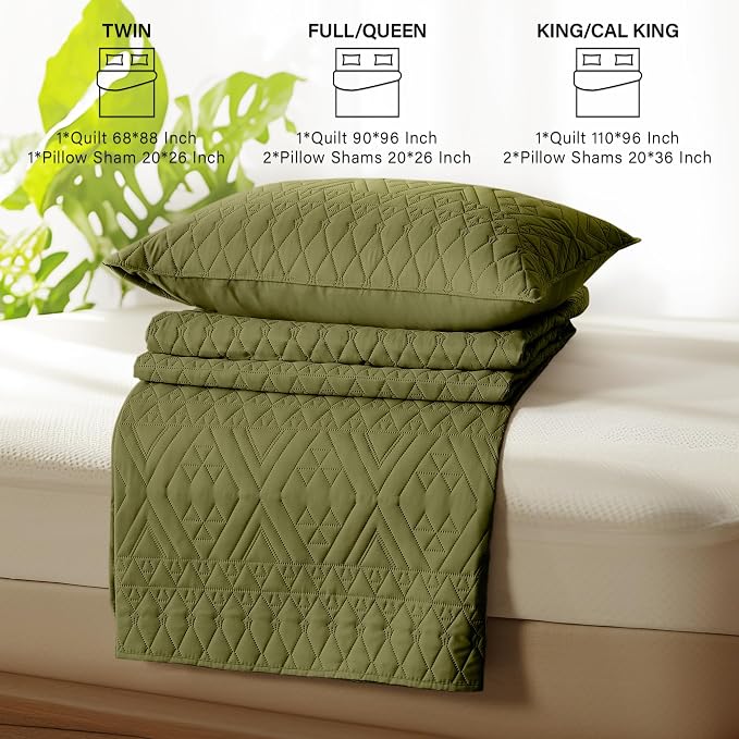 akkialla Full/Queen Size Quilt Bedding Set, Olive Green Lightweight Microfiber - Image 7