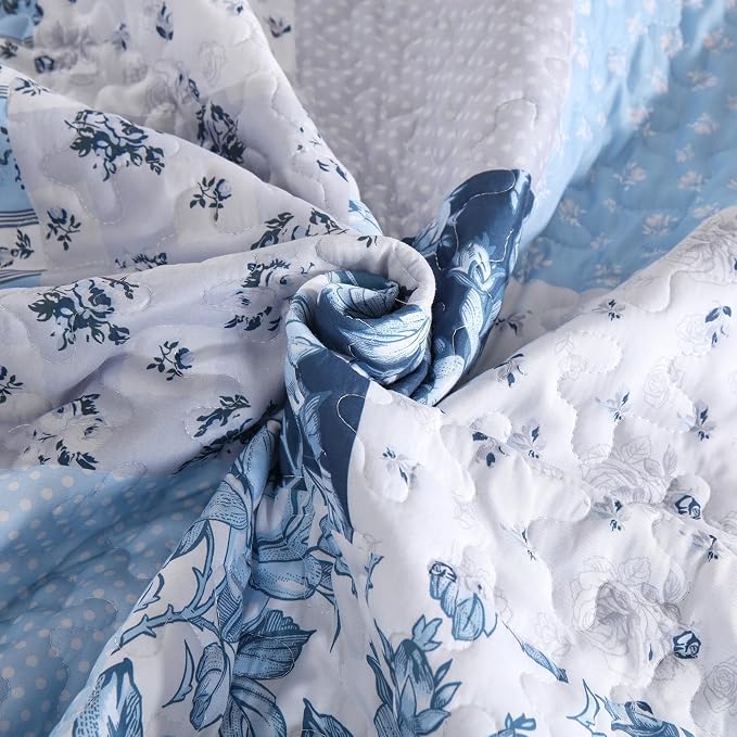 Anibedding Blue Patchwork Quilt Set Queen Size Boho Floral Plaid Bedspread - Image 8