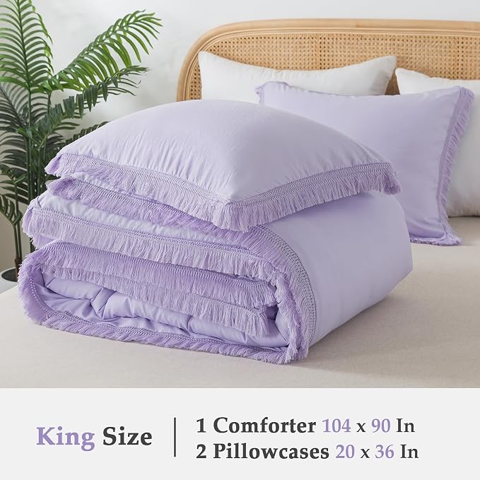 Andency Comforter King Size Bed Set Lavender, All Season Soft Tassel Bed Set - Image 8