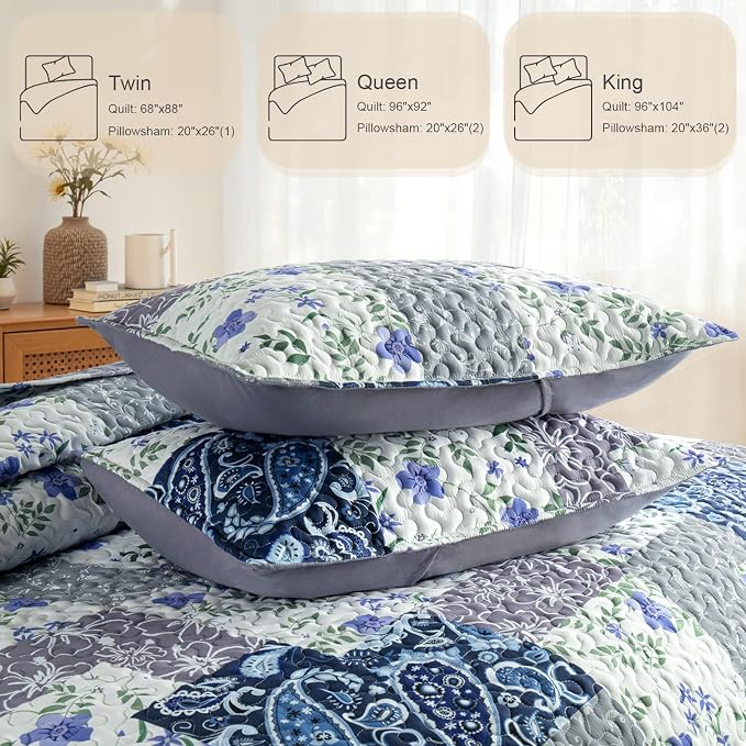 Whale Flotilla Patchwork Quilt Twin Size, Soft Boho Floral Bedspreads - Image 5