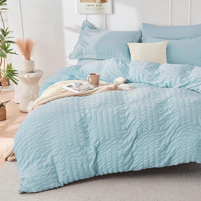 HYMOKEGE Lake Blue California King Comforter Set Seersucker 7 Pieces, All - Image 2